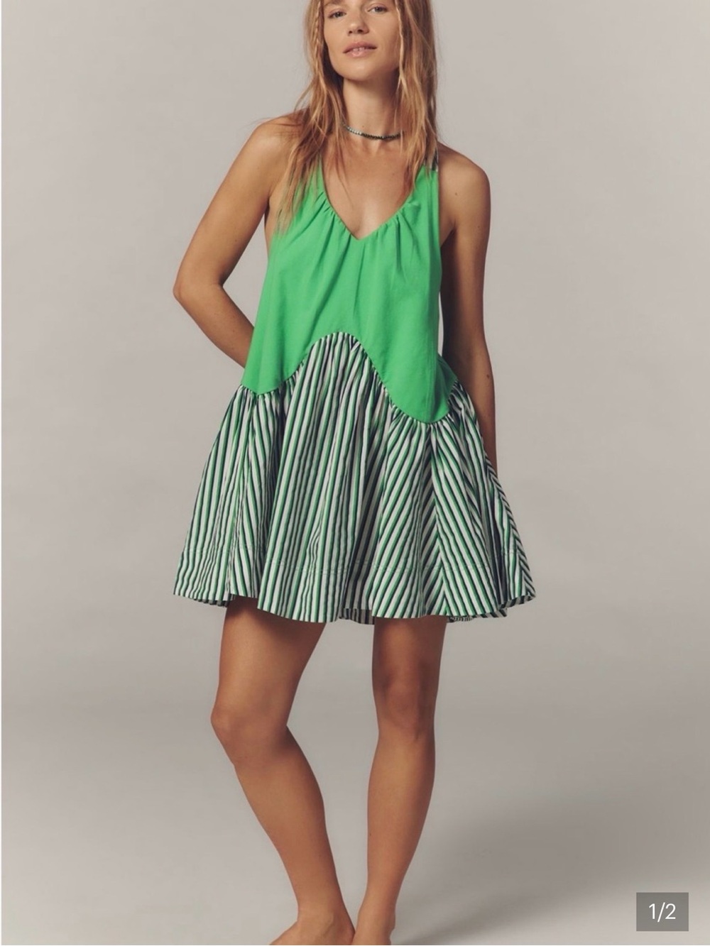 Daily Practice (Anthropologie)  Bright Green Striped Hem Mini Dress with V-Neck